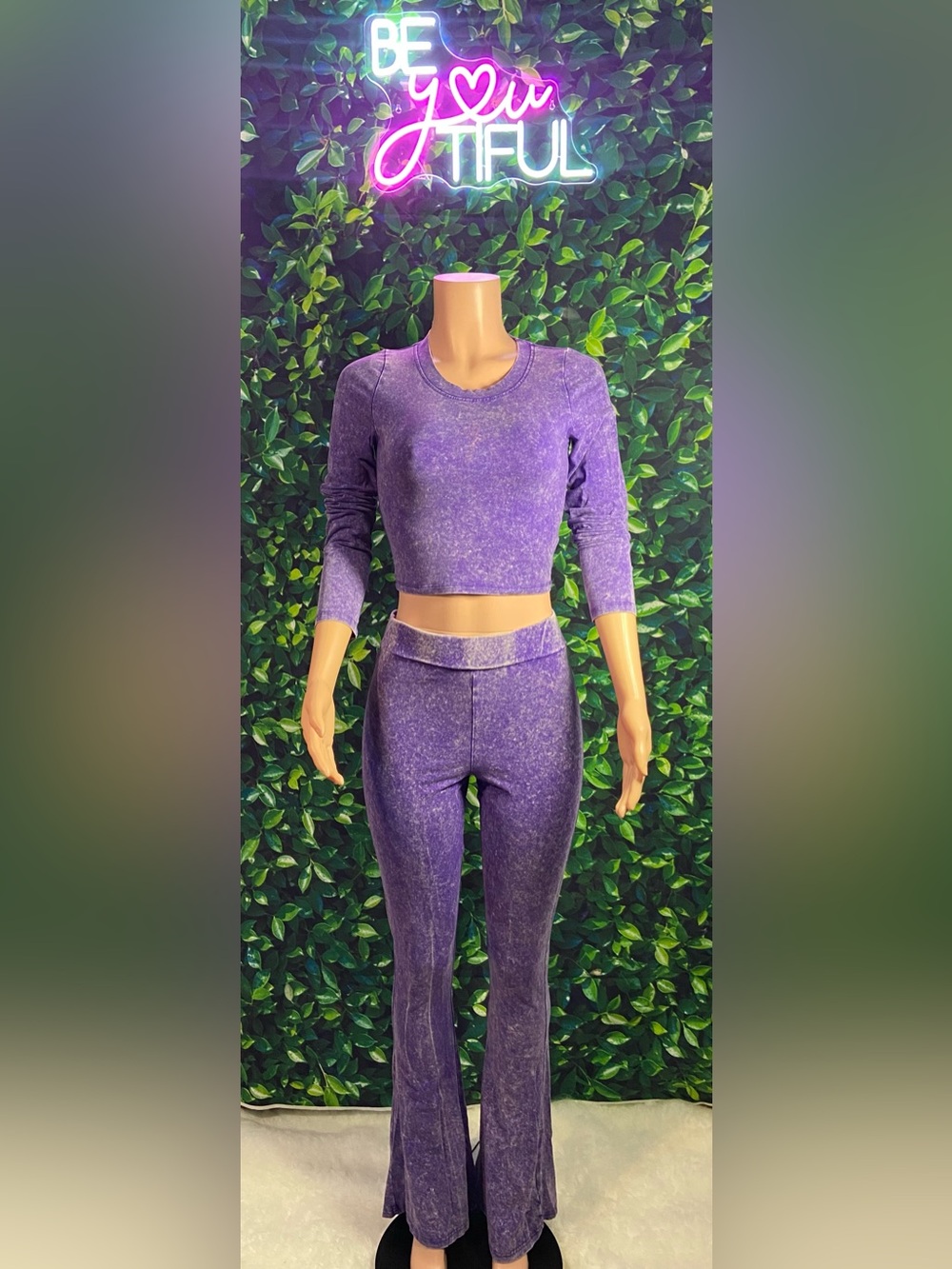 Purple Acid-Wash Cropped Long-Sleeve Top & High-Waist Leggings Set